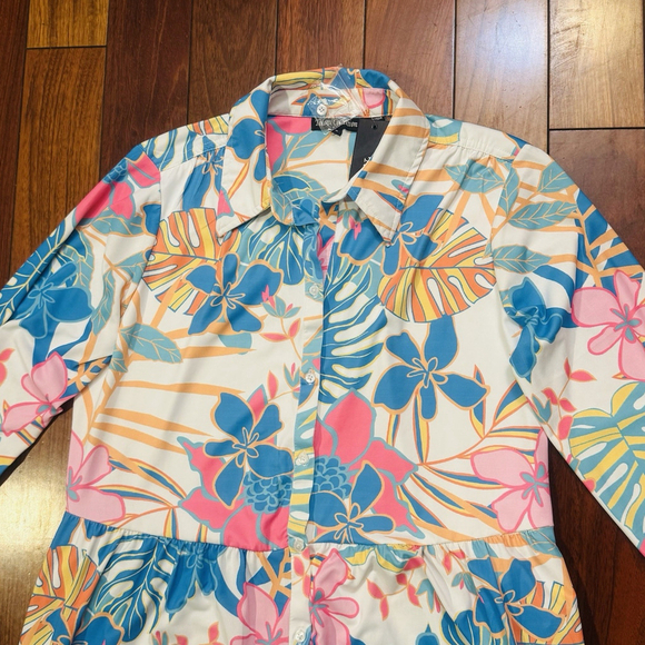 NWT Tolani Blue Tropica Maxi Dress Size:S Pocket Floral Button Front Long Sleeve - Picture 12 of 15